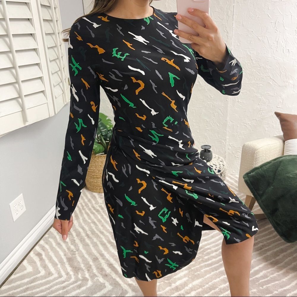 Givenchy Womens Size 4 US Dress 100% Silk Midi Wrap Printed Pattern Long Sleeve